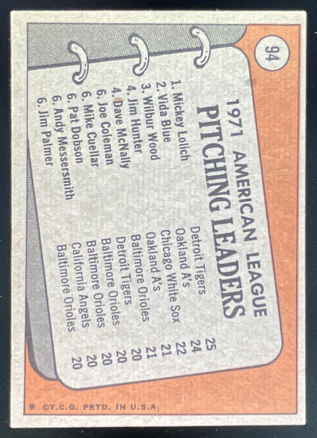 1972 Topps #94 Mickey Lolich Vida Blue Wilbur Wood League Leaders product image 2, provided for visual reference and product