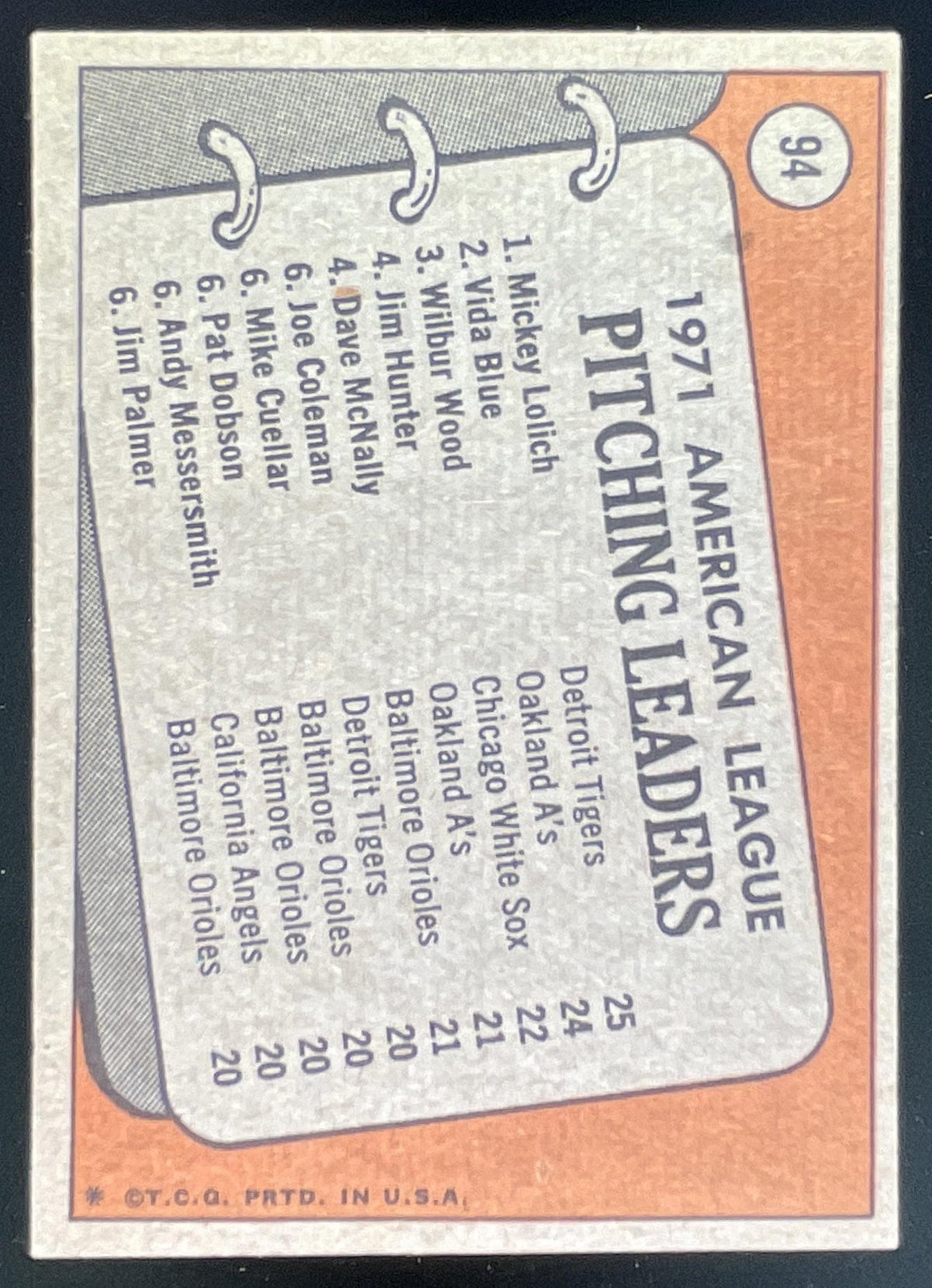 1972 Topps #94 Mickey Lolich Vida Blue Wilbur Wood League Leaders product image 2, provided for visual reference and product