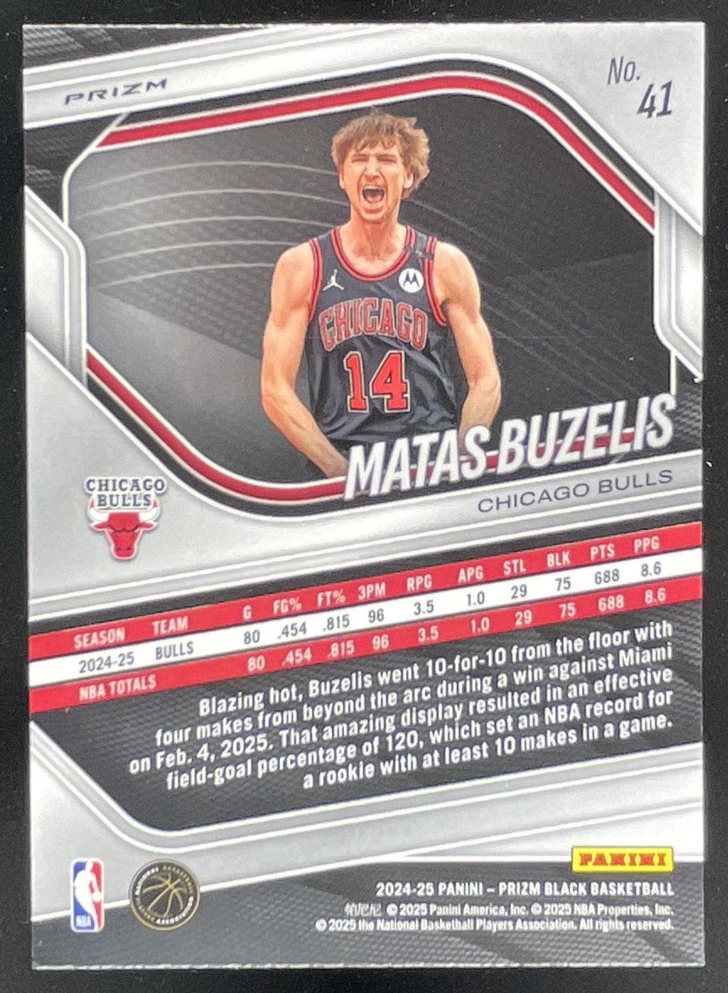 2024-25 Panini Prizm Black Silver Prizms #41 Matas Buzelis RC product image 2, provided for visual reference and product