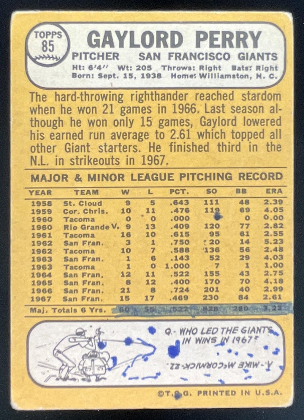 1968 Topps #85 Gaylord Perry product image 2, provided for visual reference and product detail review
