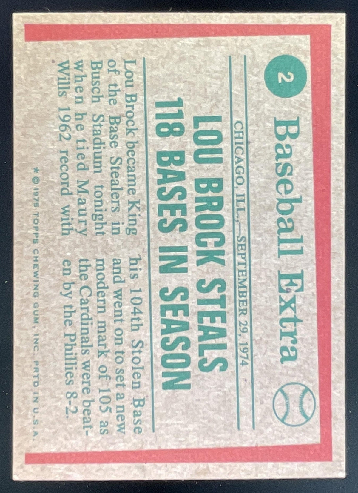 1975 Topps #2 Lou Brock product image 2, provided for visual reference and product detail review