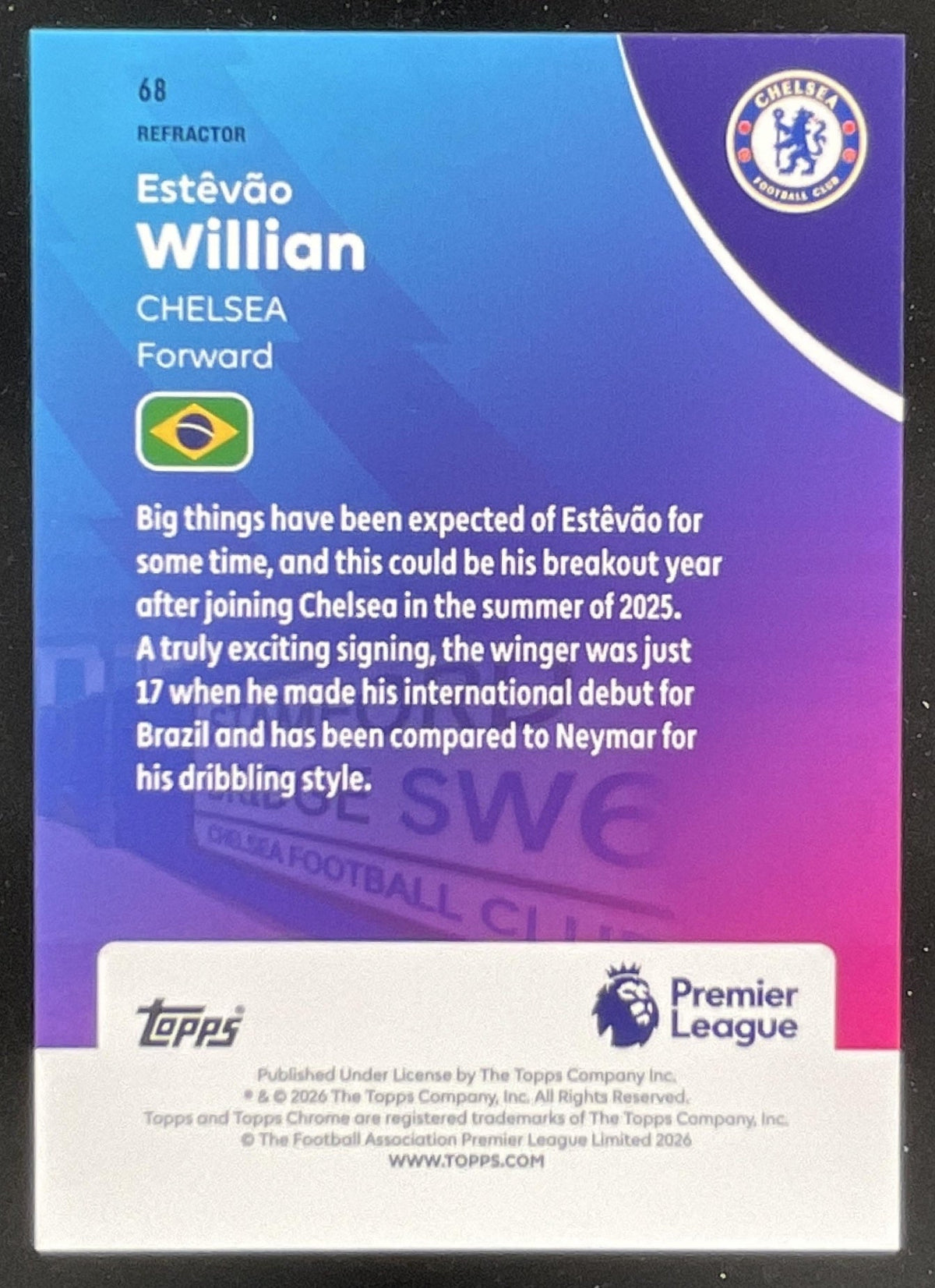2026 Topps Chrome Premier League Refractor #68 Estevao Willian RC product image 2, provided for visual reference and product