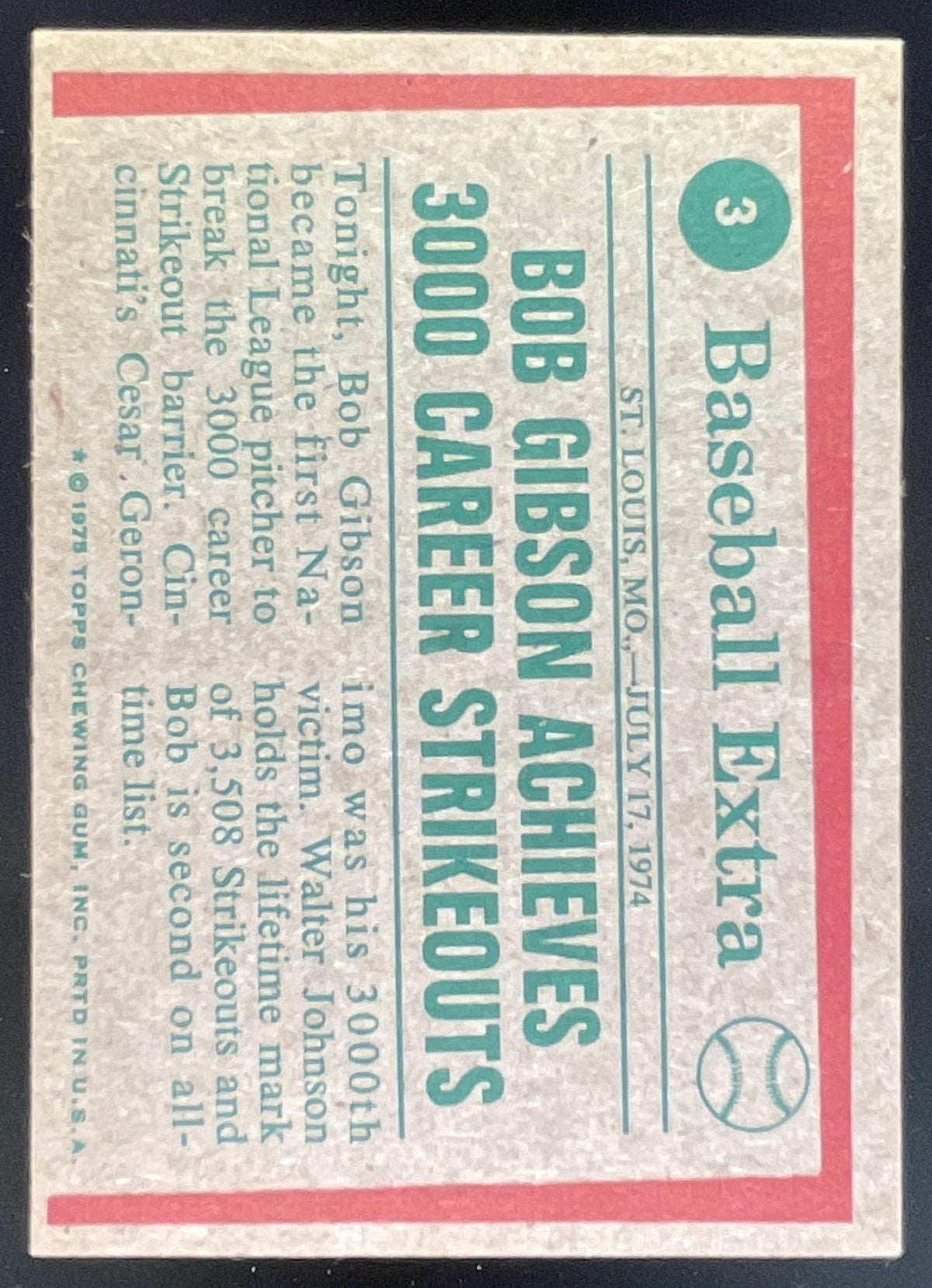 1975 Topps #3 Bob Gibson product image 2, provided for visual reference and product detail review