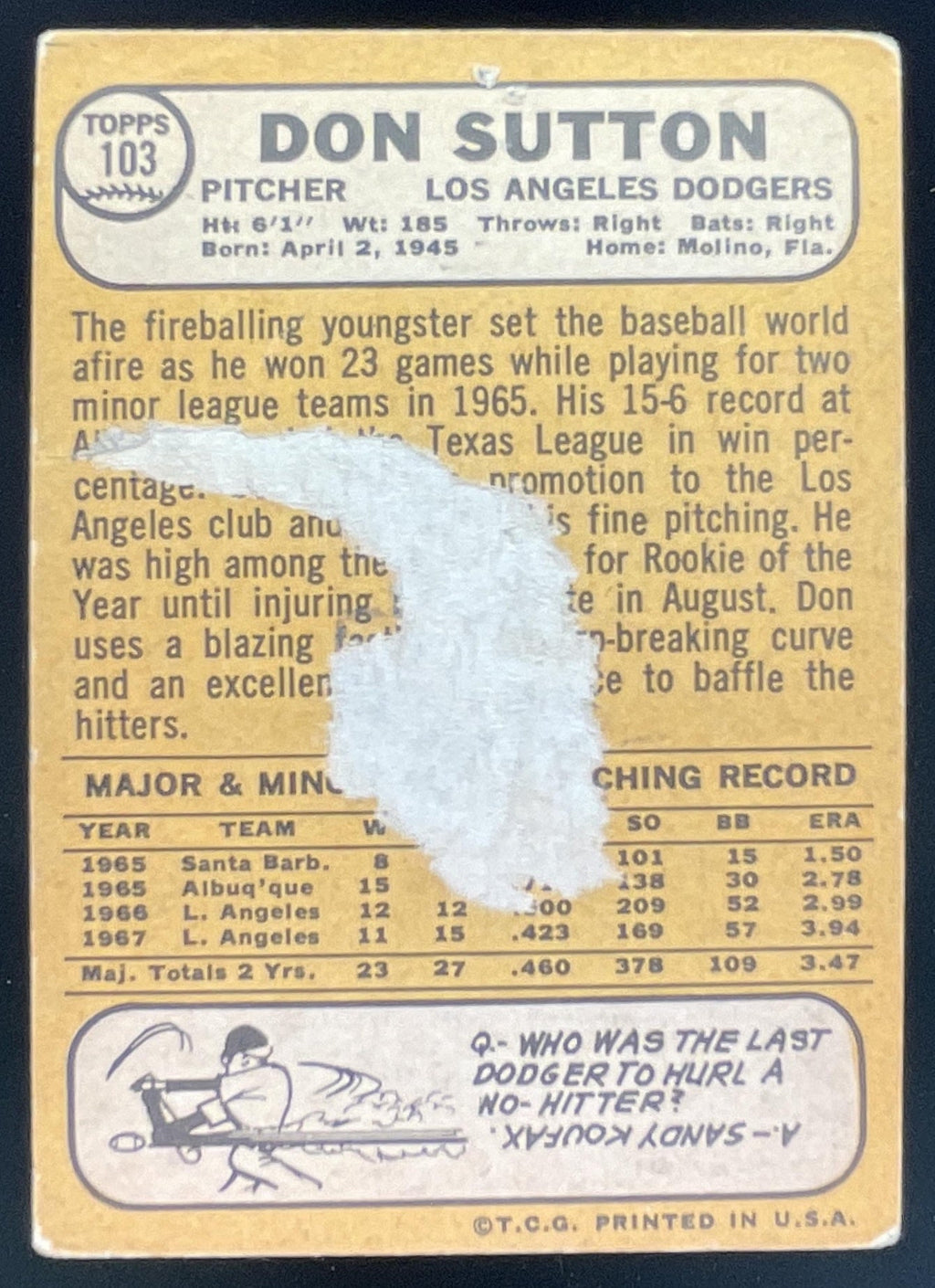 1968 Topps #103 Don Sutton product image 2, provided for visual reference and product detail review