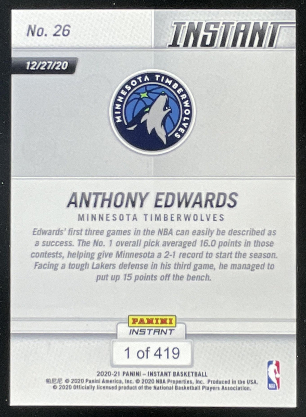 2020-21 Panini Instant NBA #26 Anthony Edwards RC product image 2, provided for visual reference and product detail review