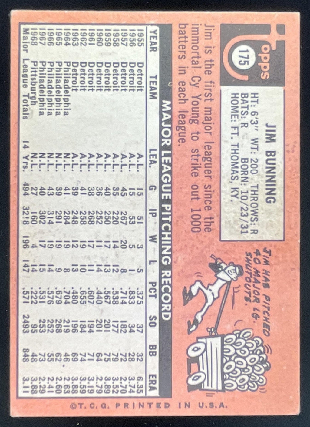 1969 Topps #175 Jim Bunning product image 2, provided for visual reference and product detail review