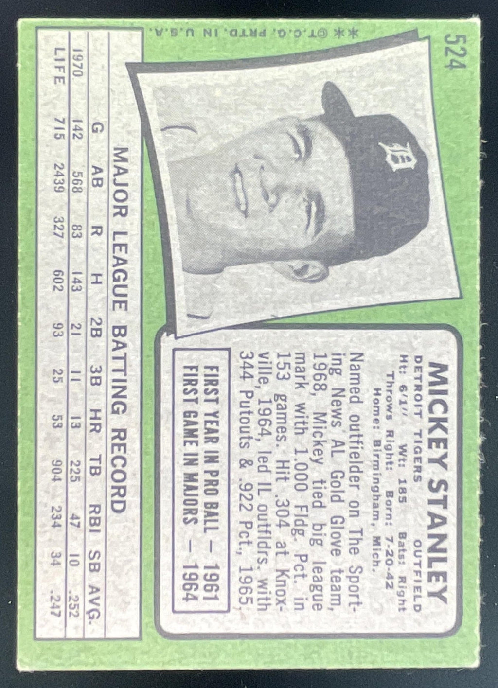 1971 Topps #524 Mickey Stanley product image 2, provided for visual reference and product detail review