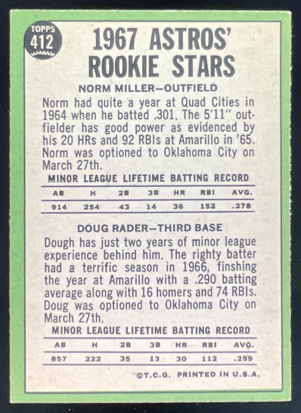 1967 Topps #412 Astros 1967 Rookie Stars Norm Miller Doug Rader RS, RC product image 2, provided for visual reference and