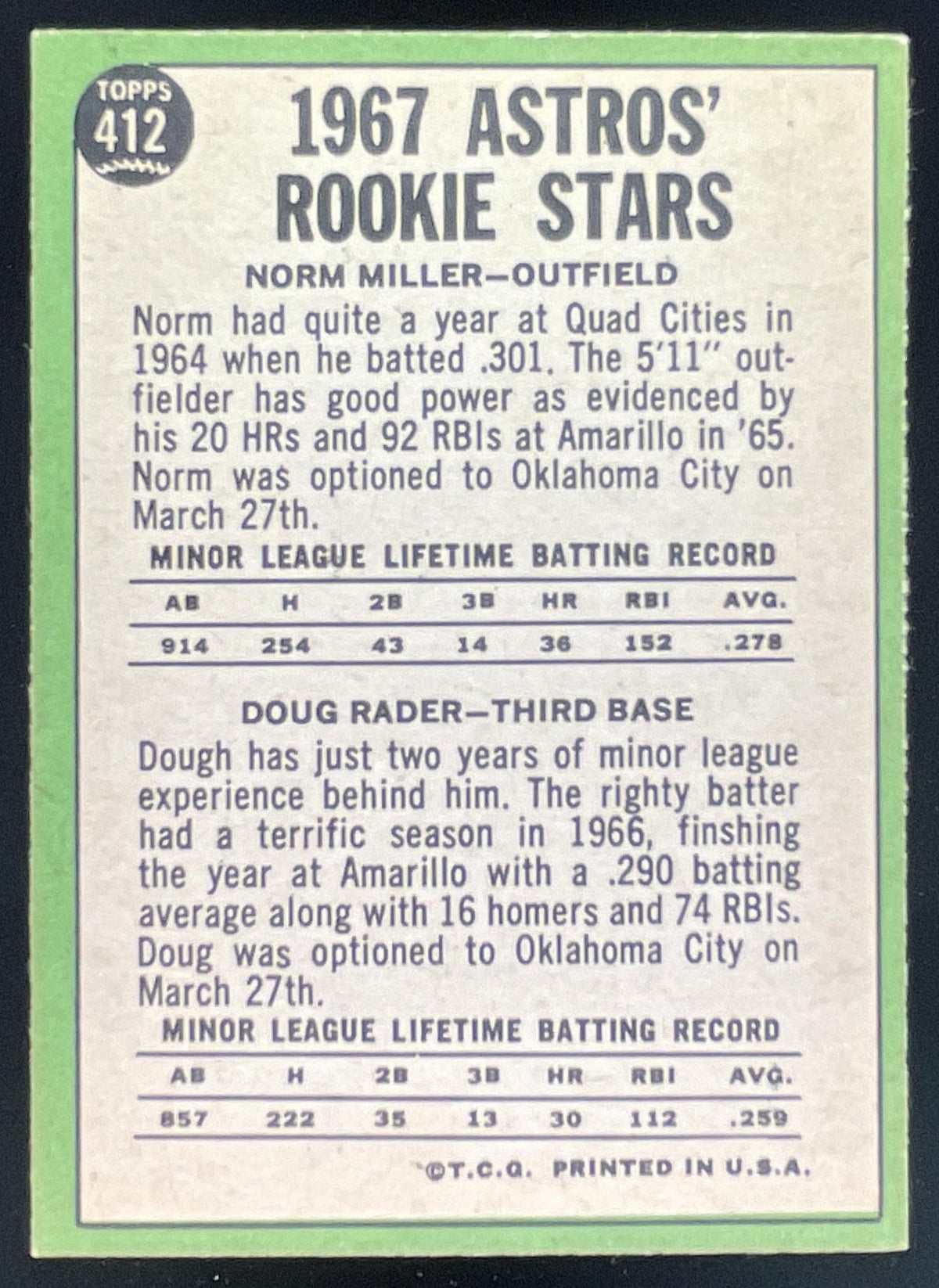 1967 Topps #412 Astros 1967 Rookie Stars Norm Miller Doug Rader RS, RC product image 2, provided for visual reference and