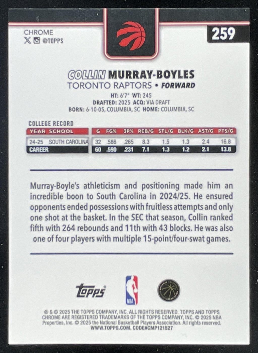 2025-26 Topps Chrome Blue Wave Refractor #259 Collin Murray-Boyles RC /150 product image 2, provided for visual reference