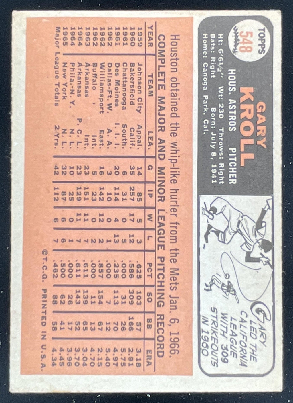 1966 Topps #548 Gary Kroll SP product image 2, provided for visual reference and product detail review