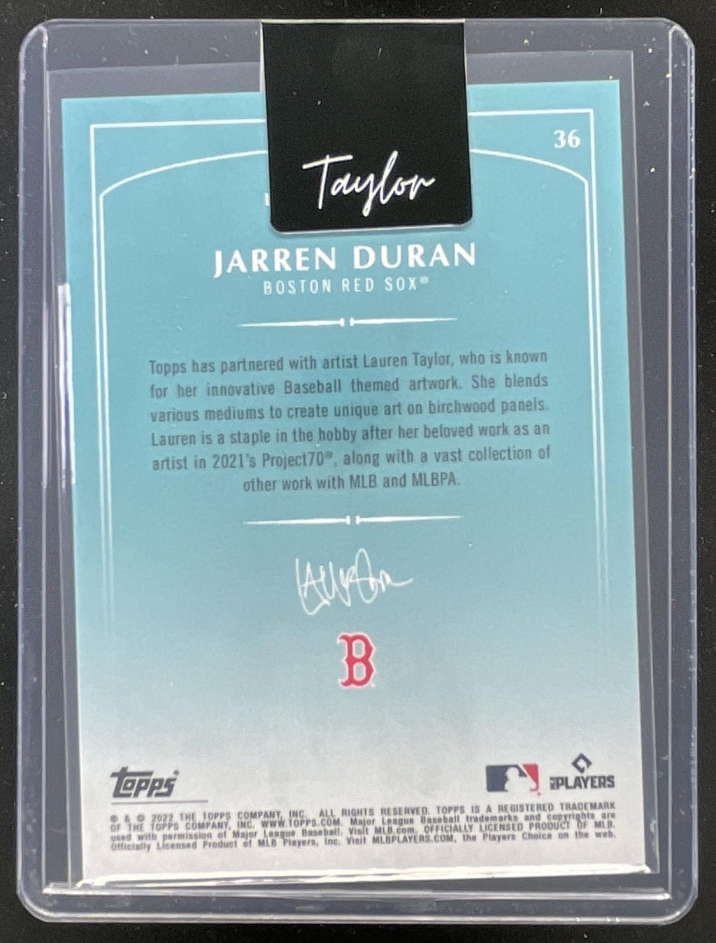 2022 Topps x Lauren Taylor #36 Jarren Duran RC product image 2, provided for visual reference and product detail review