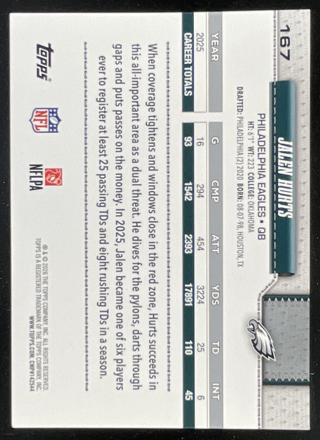 2026 Topps Team Color Border Variation #167 Jalen Hurts product image 2, provided for visual reference and product detail