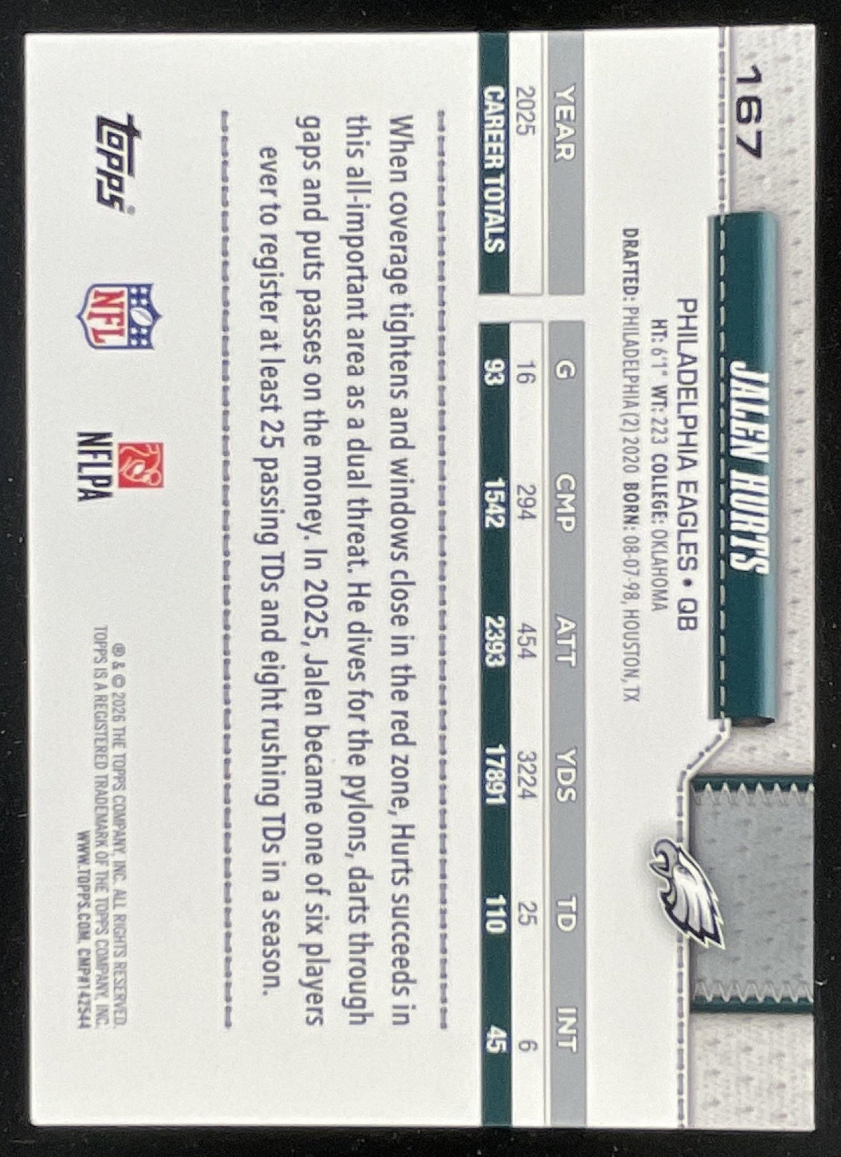 2026 Topps Team Color Border Variation #167 Jalen Hurts product image 2, provided for visual reference and product detail