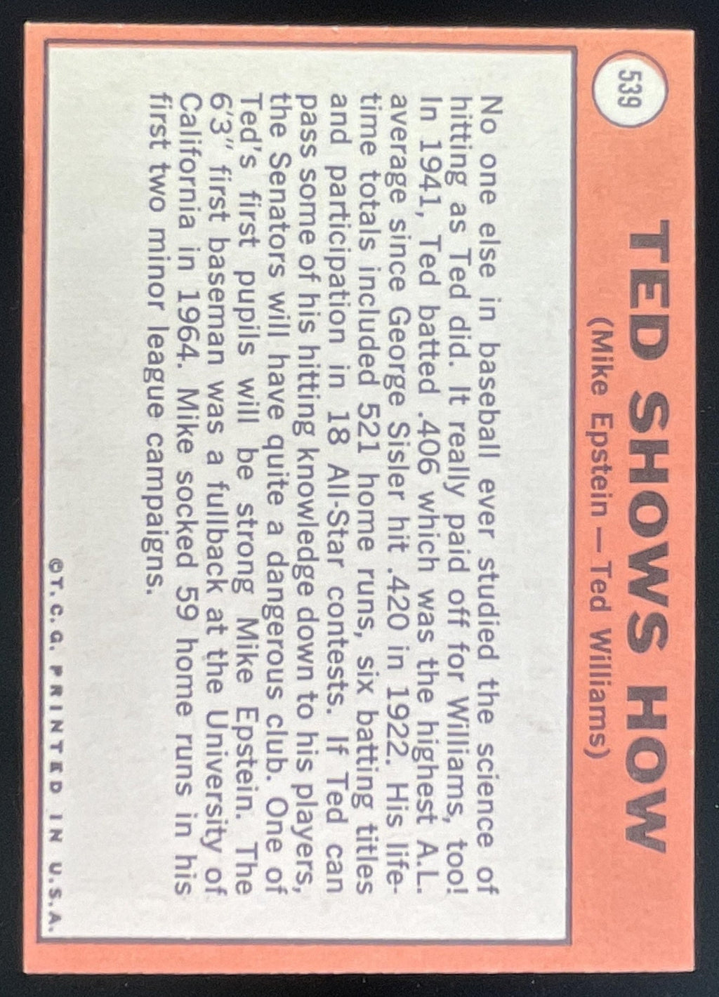 1969 Topps #539 Ted Shows How Mike Epstein Ted Williams C product image 2, provided for visual reference and product detail