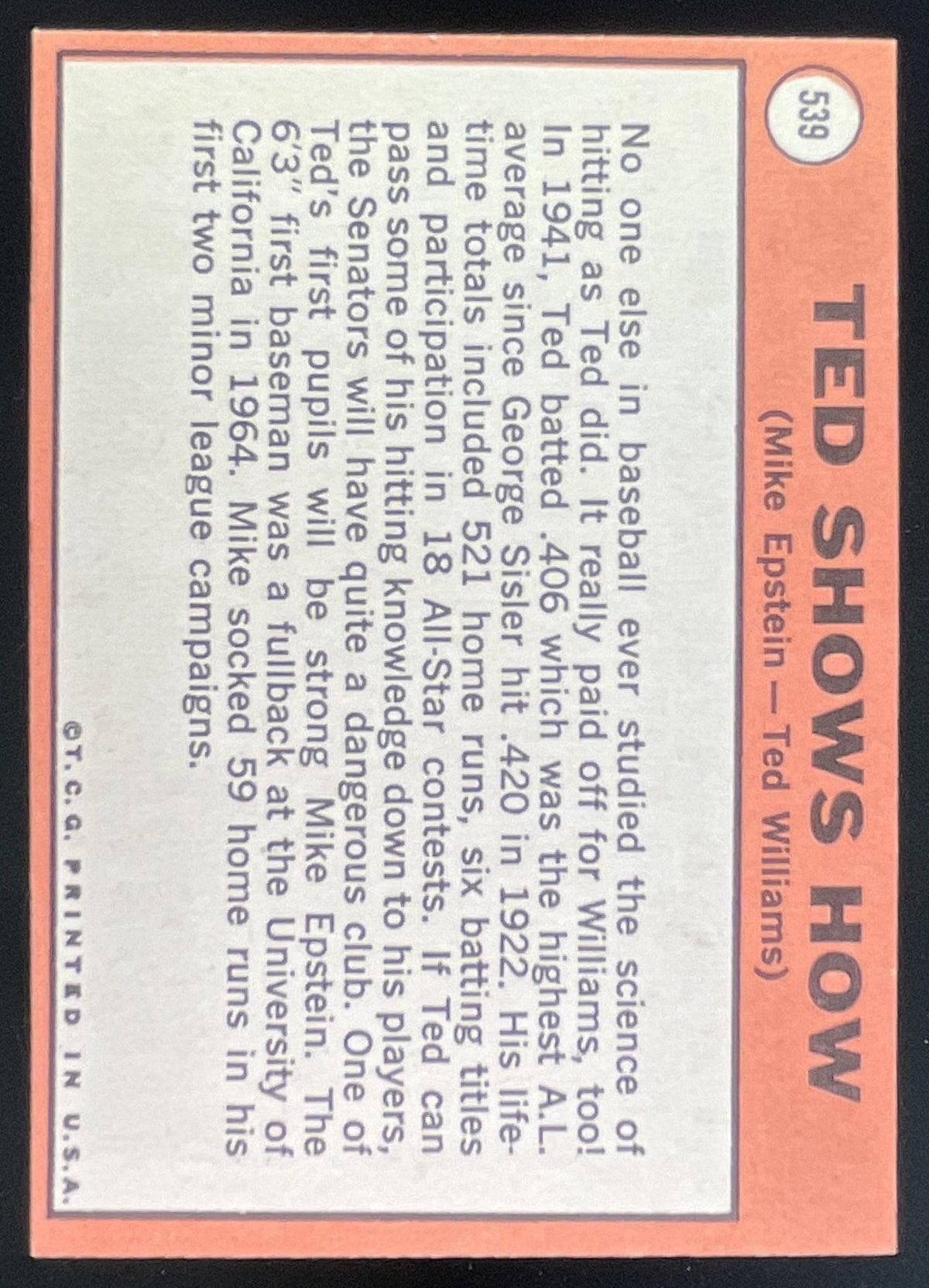 1969 Topps #539 Ted Shows How Mike Epstein Ted Williams C product image 2, provided for visual reference and product detail