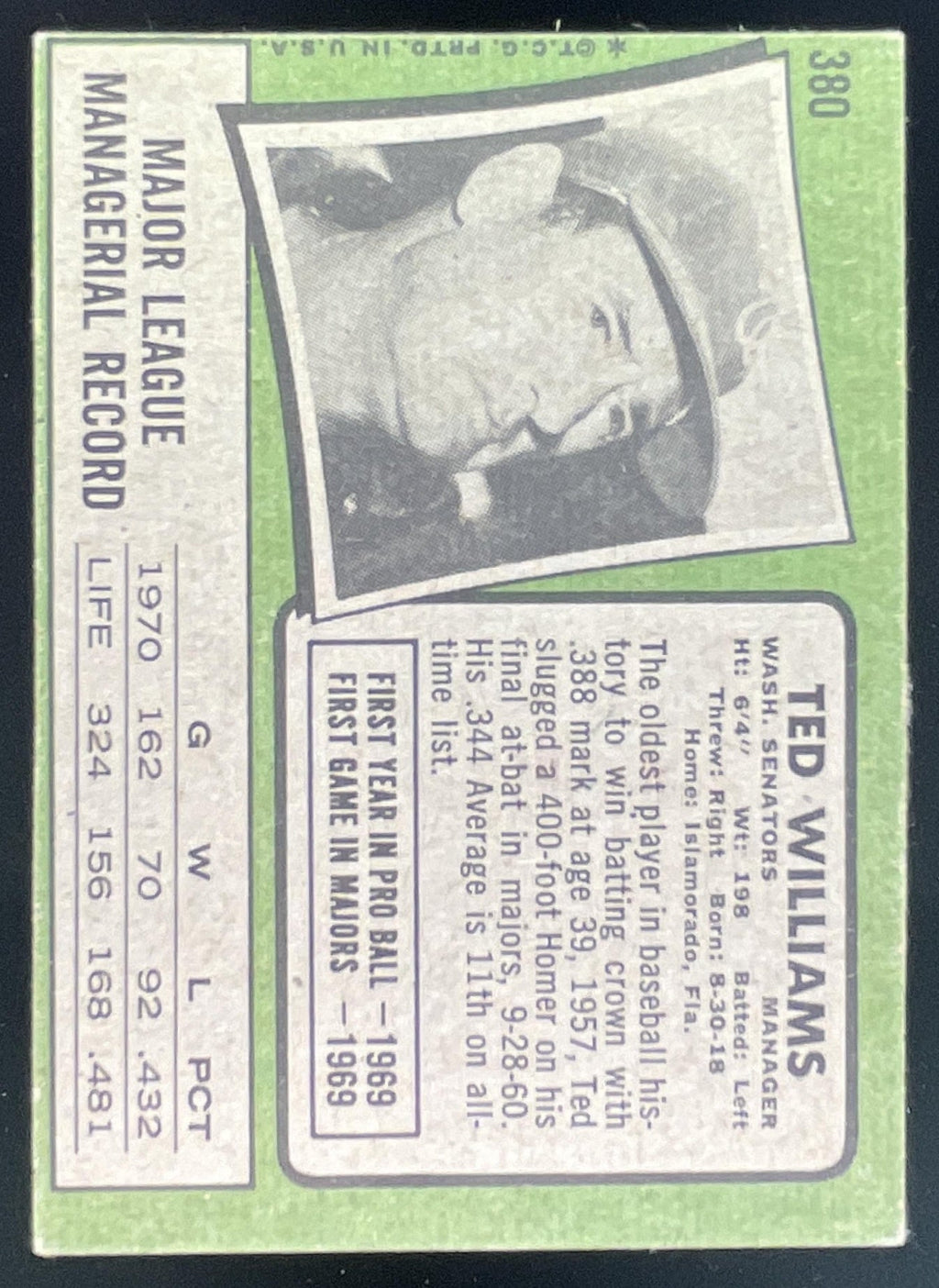 1971 Topps #380 Ted Williams product image 2, provided for visual reference and product detail review