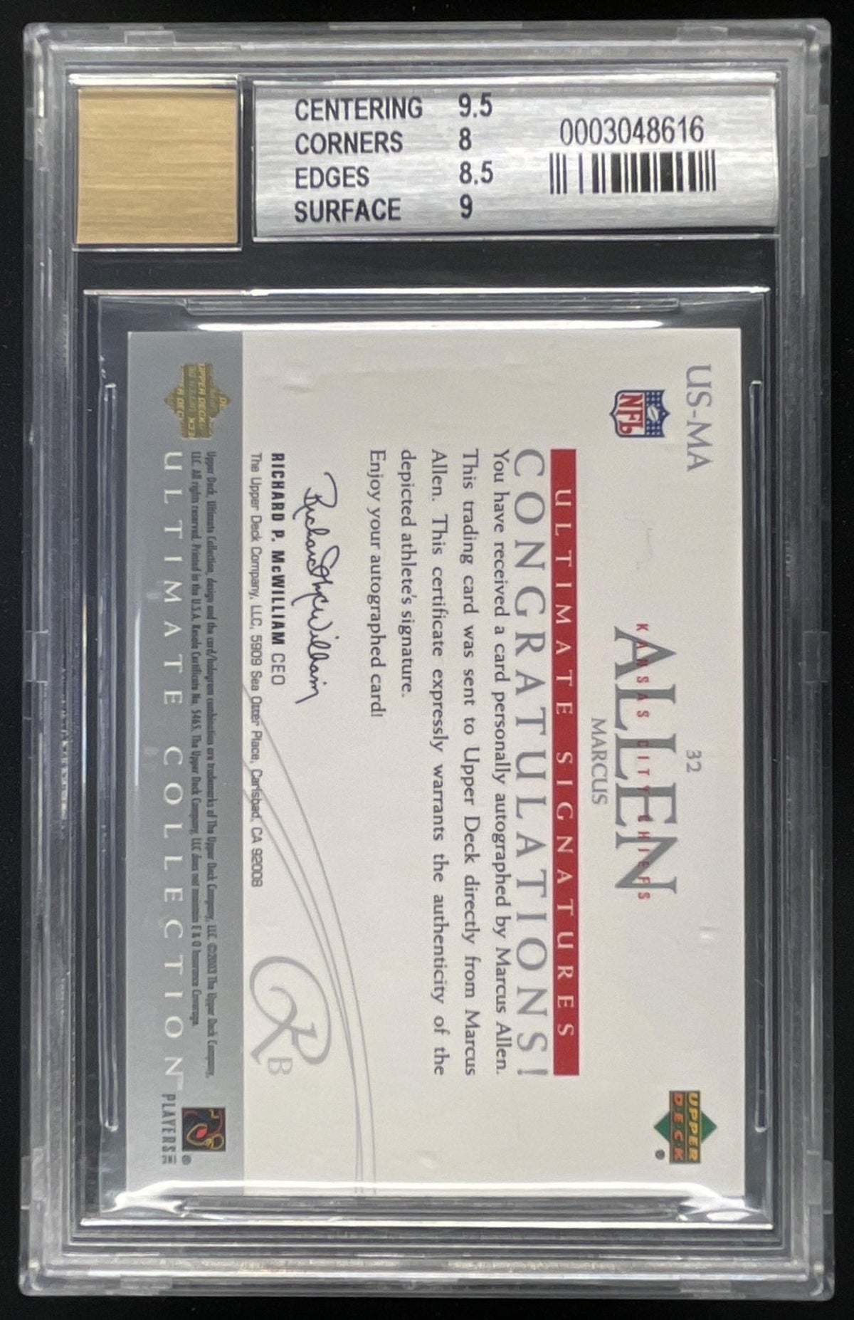 2003 Ultimate Collection Ultimate Signatures #US-MA Marcus Allen Auto BGS 8.5 product image 2, provided for visual reference