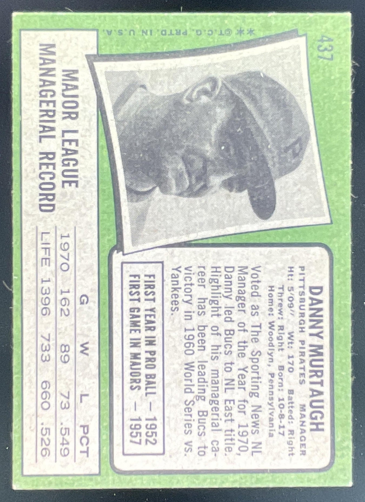 1971 Topps #437 Danny Murtaugh product image 2, provided for visual reference and product detail review