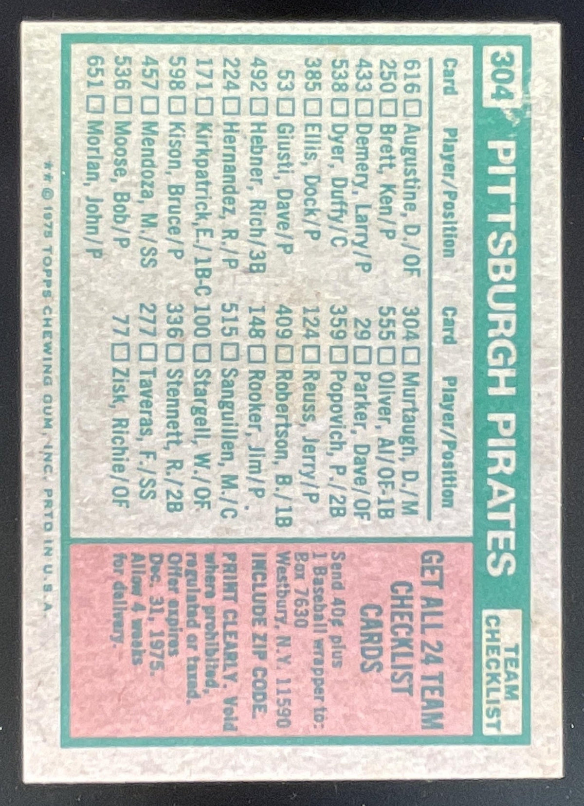 1975 Topps #304 Pittsburgh Pirates Danny Murtaugh MGR Checklist Card Team Card product image 2, provided for visual