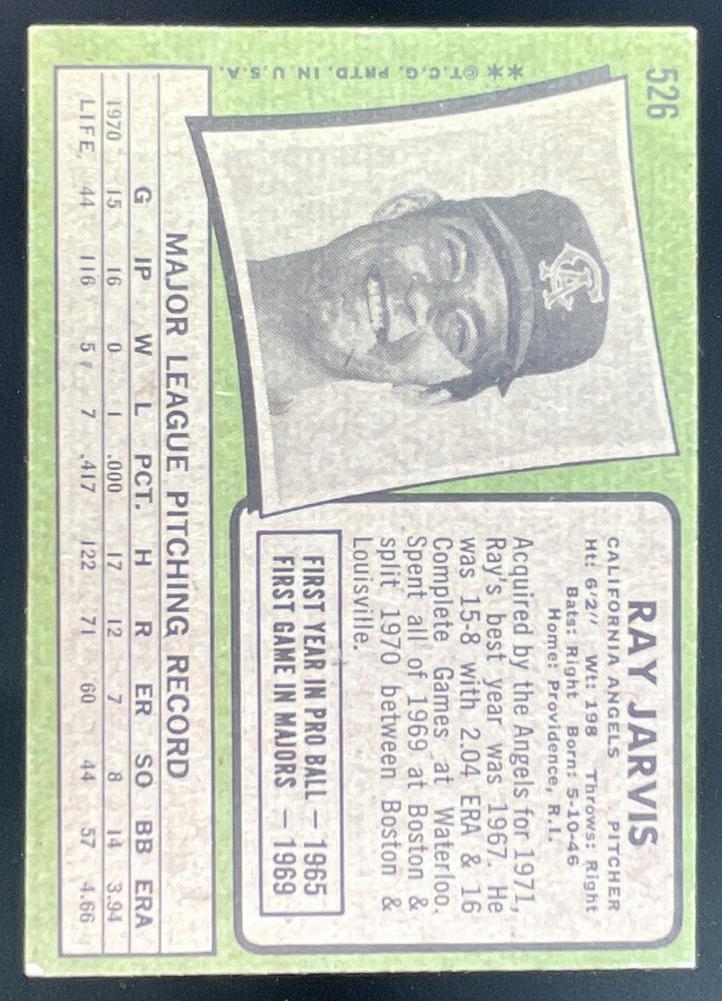 1971 Topps #526 Ray Jarvis product image 2, provided for visual reference and product detail review