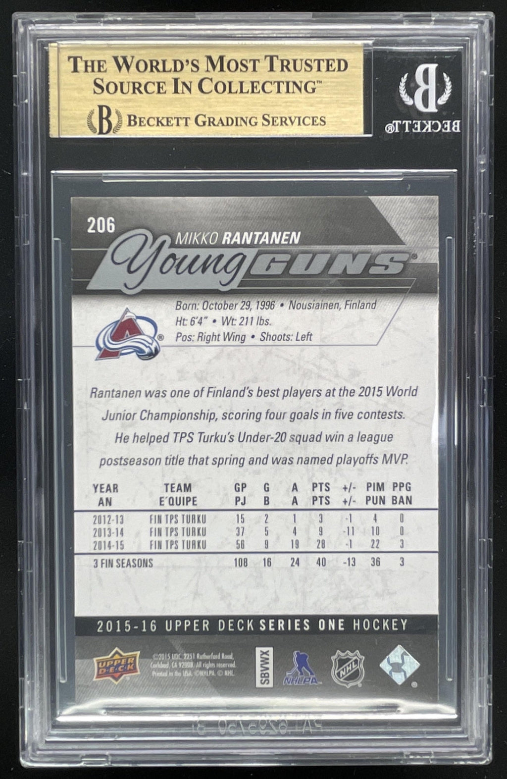 2015-16 Upper Deck #206 Mikko Rantanen RC BGS 9.5 product image 2, provided for visual reference and product detail review