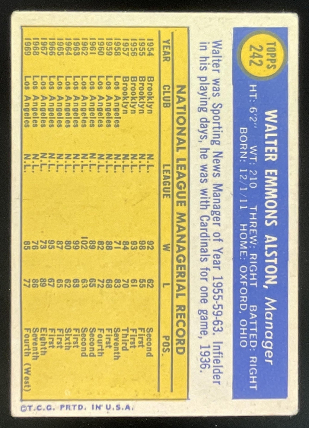 1970 Topps #242 Walter Alston product image 2, provided for visual reference and product detail review