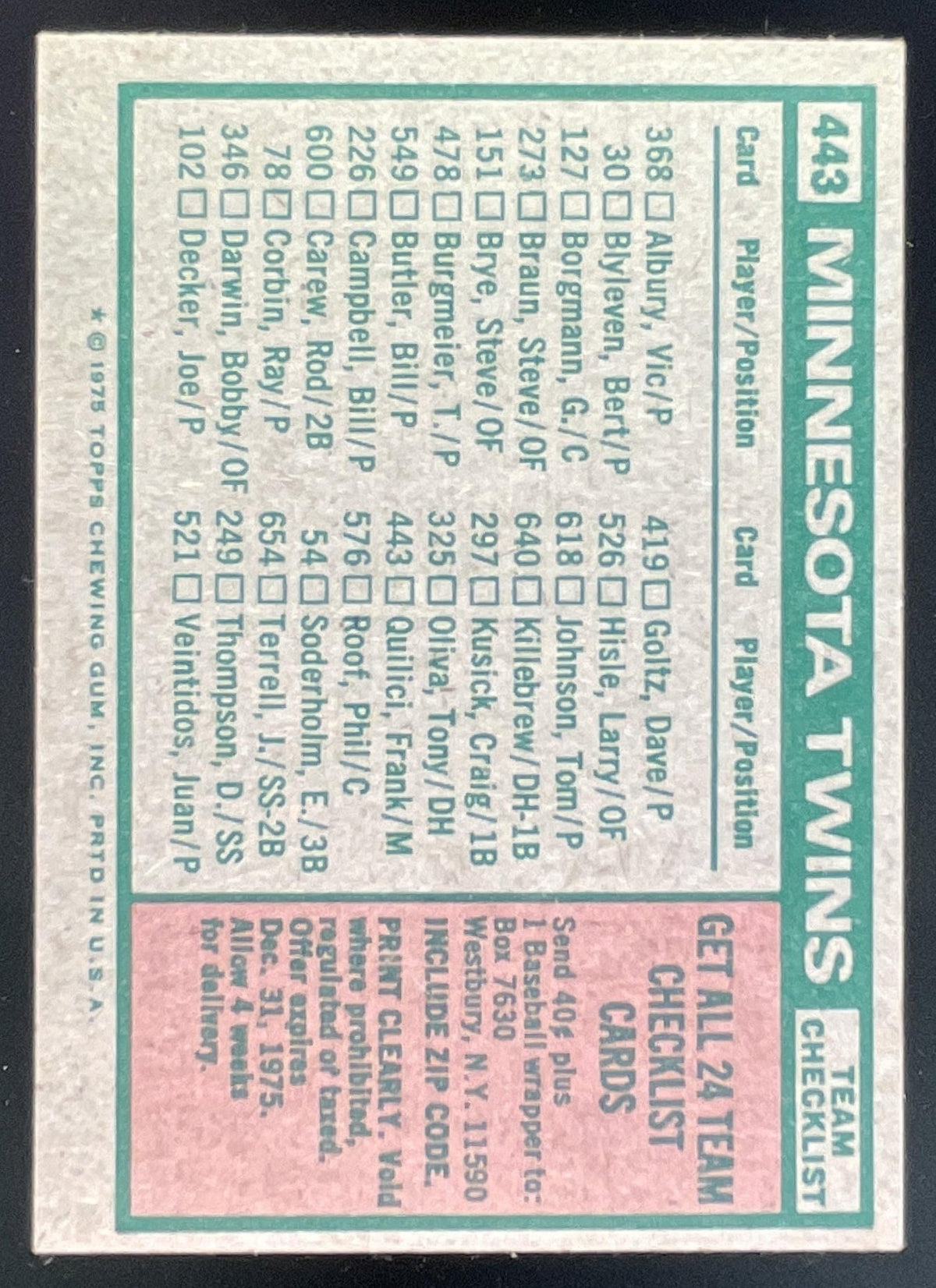 1975 Topps #443 Minnesota Twins Frank Quilici MGR Checklist Card Team Card product image 2, provided for visual reference