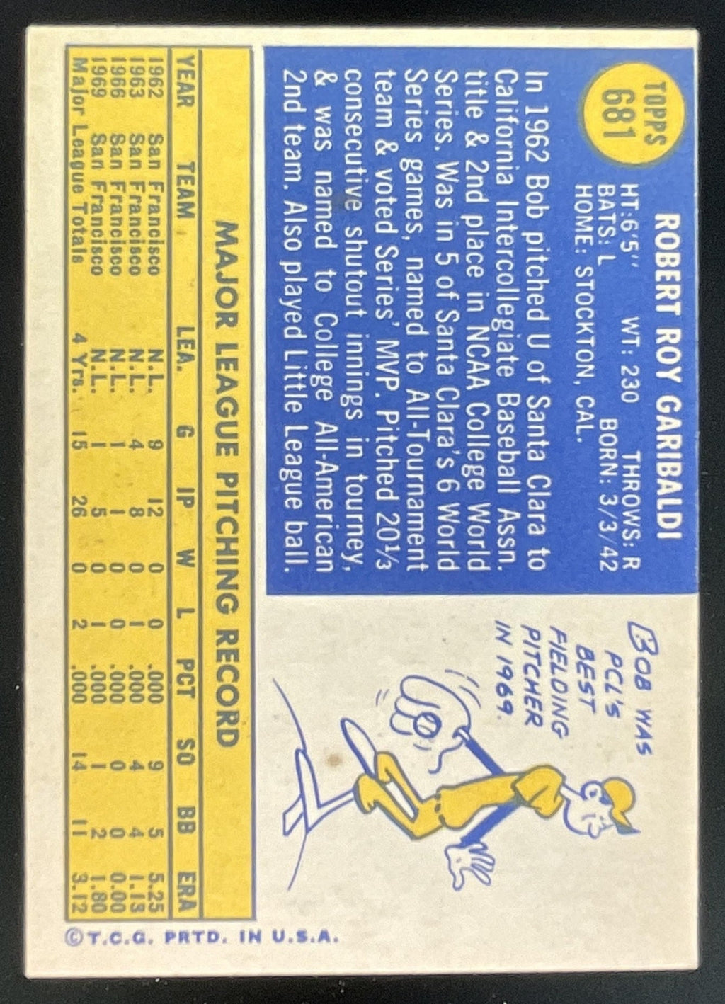 1970 Topps #681 Bob Garibaldi RC product image 2, provided for visual reference and product detail review