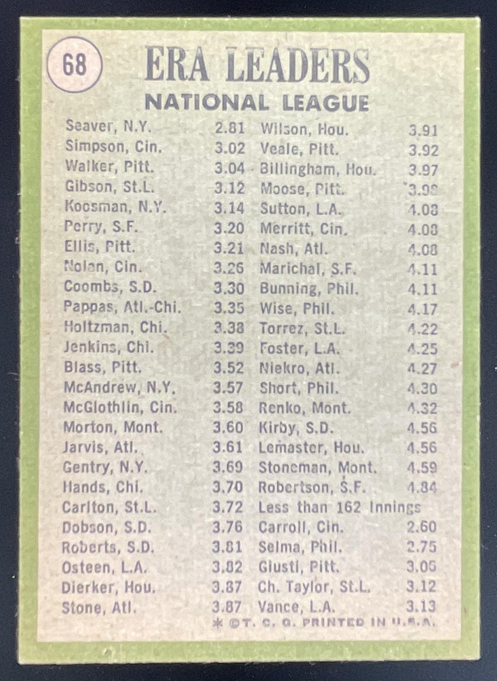 1971 Topps #68 National League ERA Leaders Tom Seaver Wayne Simpson Luke Walker product image 2, provided for visual