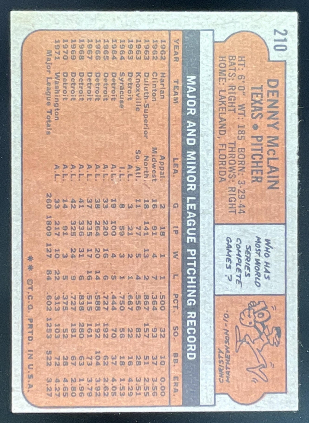 1972 Topps #210 Denny McLain product image 2, provided for visual reference and product detail review