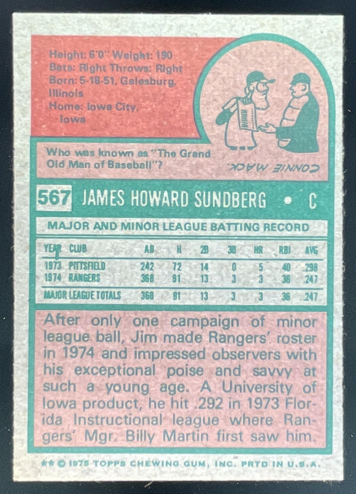 1975 Topps #567 Jim Sundberg RC product image 2, provided for visual reference and product detail review