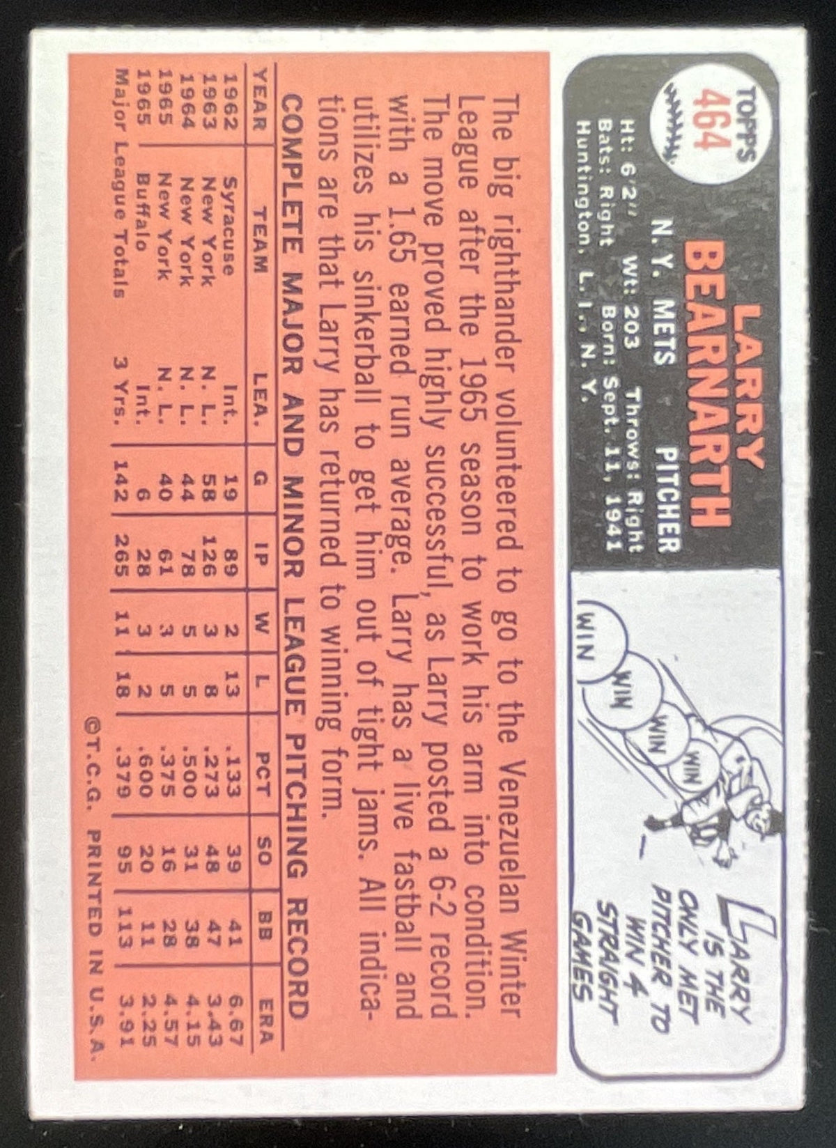 1966 Topps #464 Larry Bearnarth product image 2, provided for visual reference and product detail review