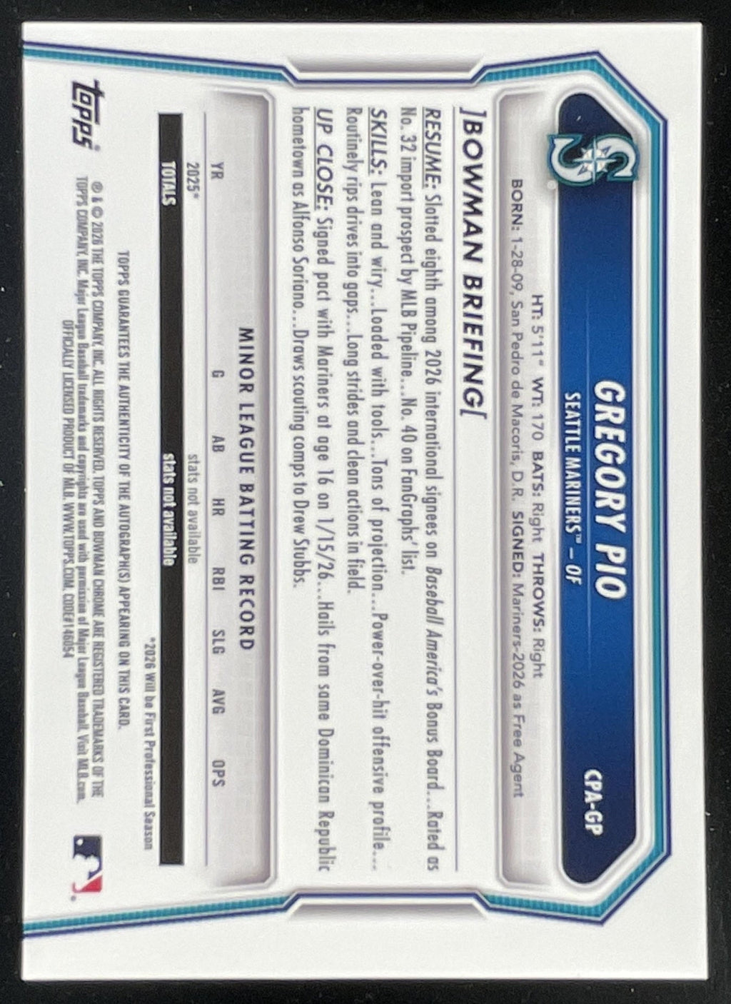 2026 Bowman Chrome Prospects Autograph #CPA-GP Gregory Pio RC Auto product image 2, provided for visual reference and