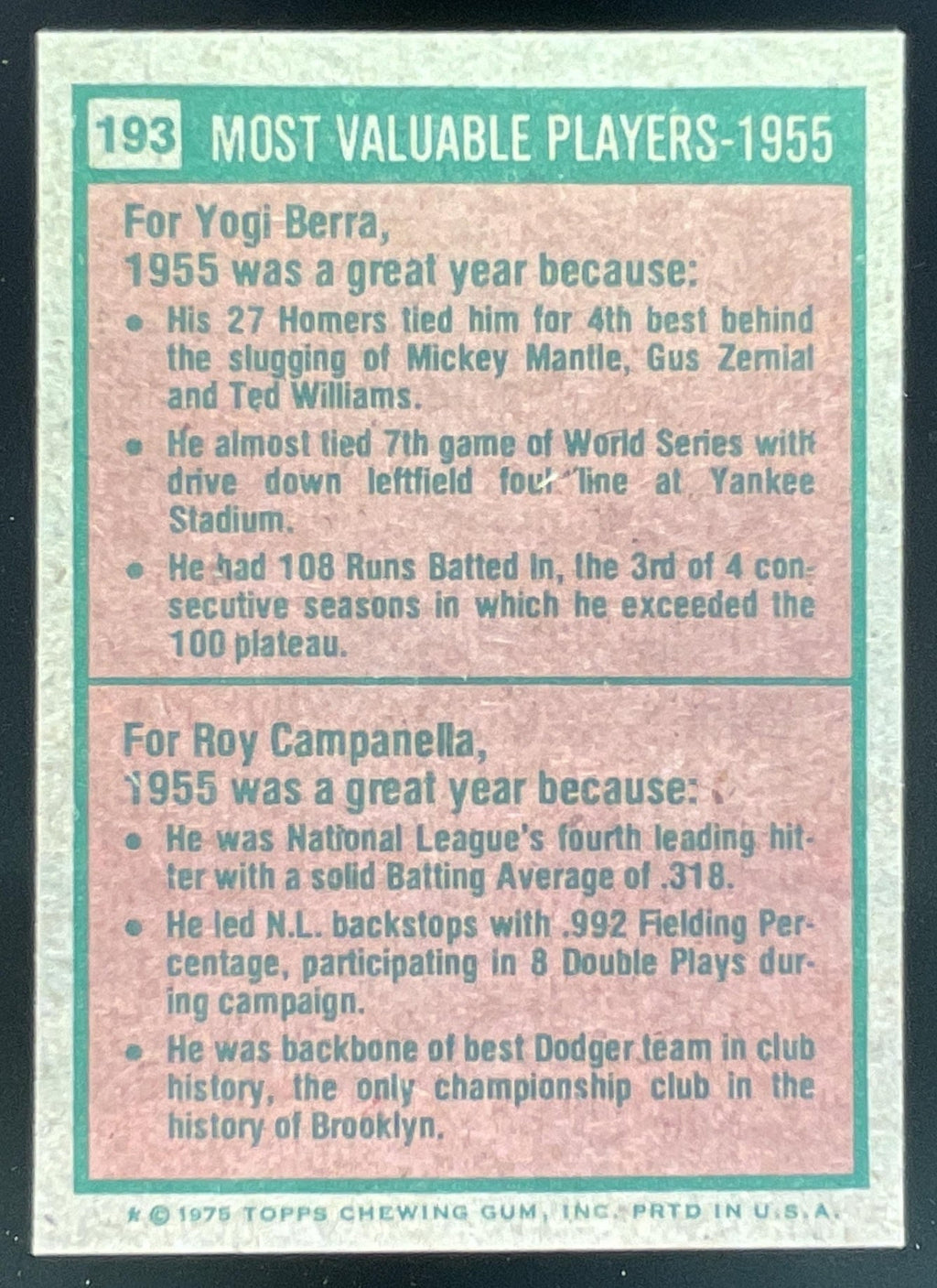 1975 Topps #193 1955s Yogi Berra Roy Campanella MVP product image 2, provided for visual reference and product detail review