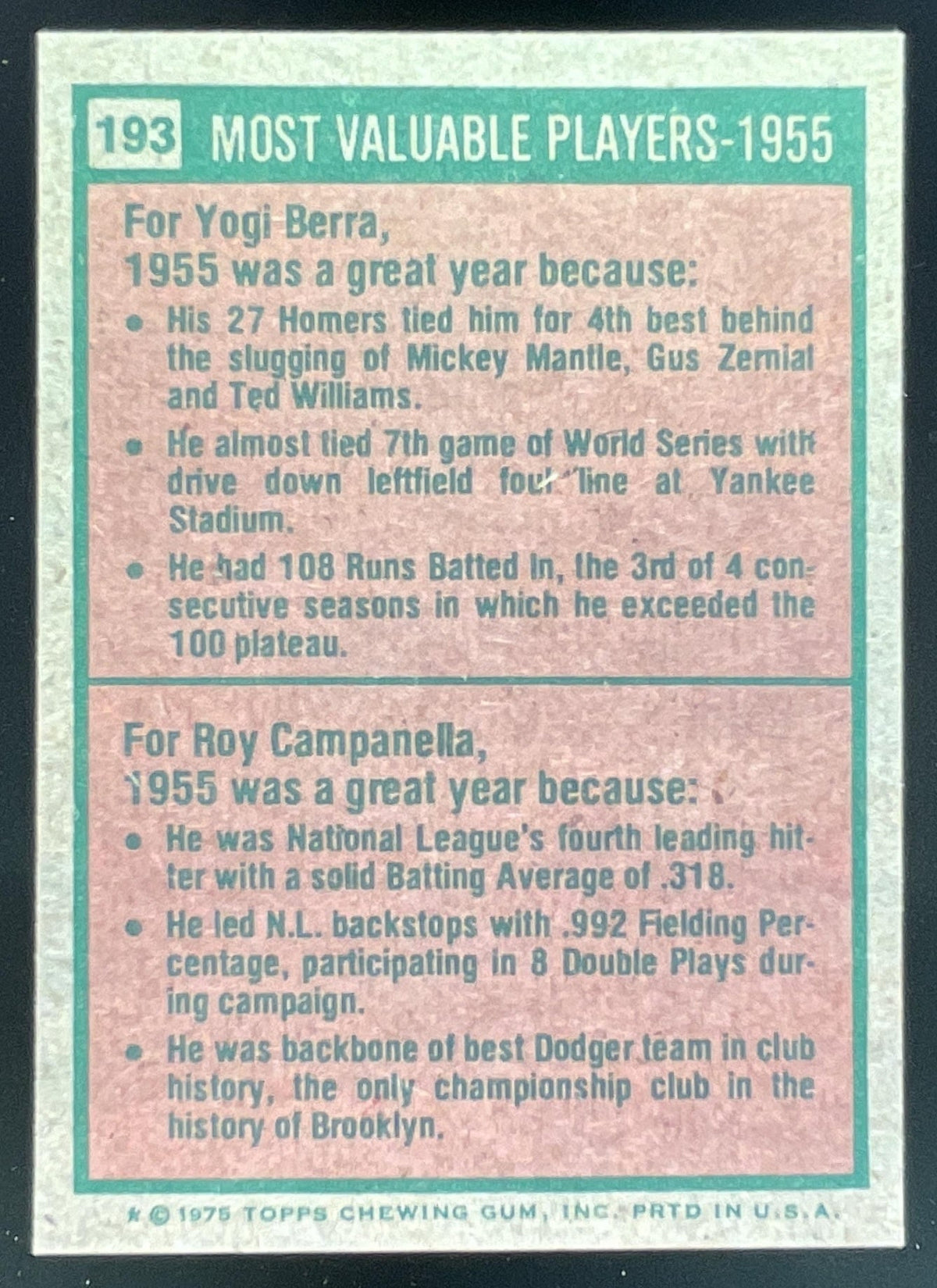 1975 Topps #193 1955s Yogi Berra Roy Campanella MVP product image 2, provided for visual reference and product detail review