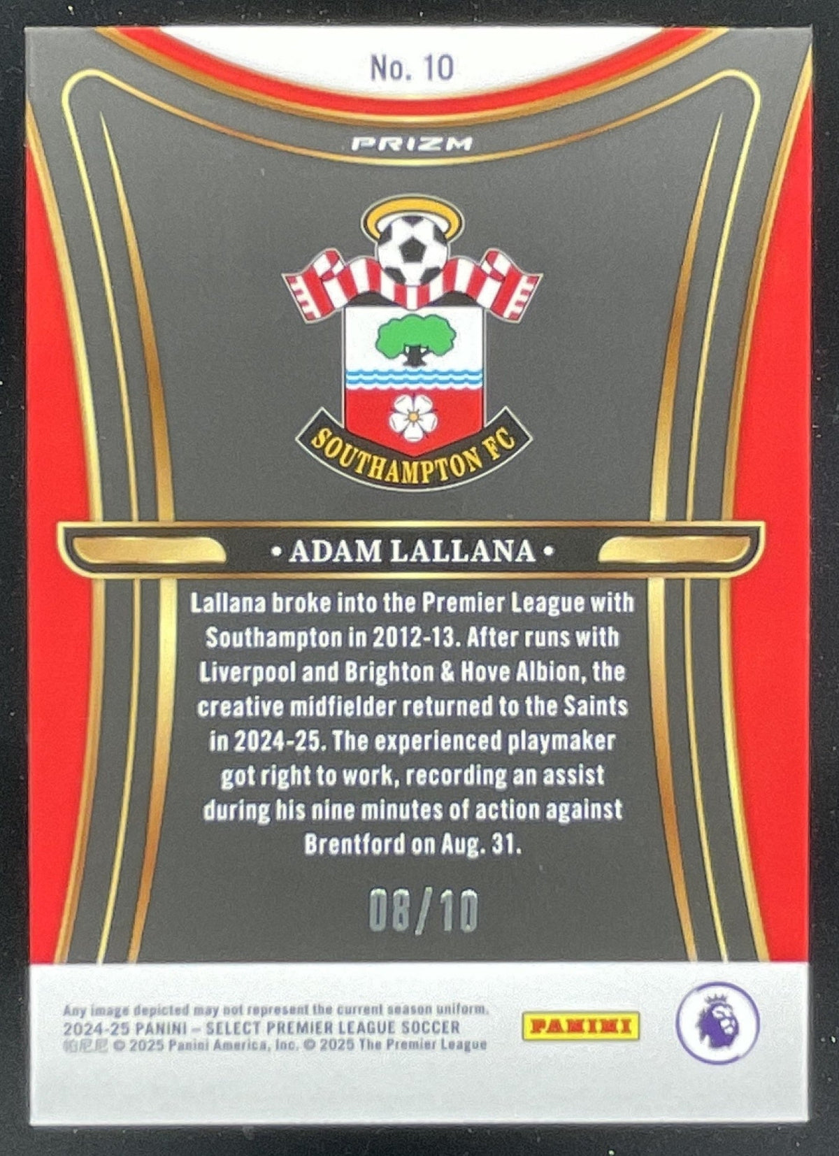 2024-25 Panini Select Premier League Unstoppable Gold #10 Adam Lallana /10 product image 2, provided for visual reference