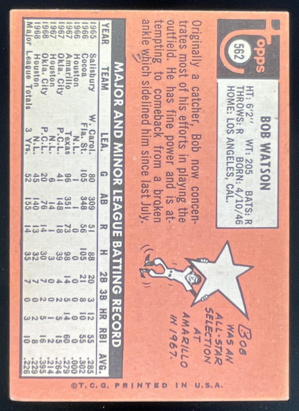 1969 Topps #562 Bob Watson RC product image 2, provided for visual reference and product detail review