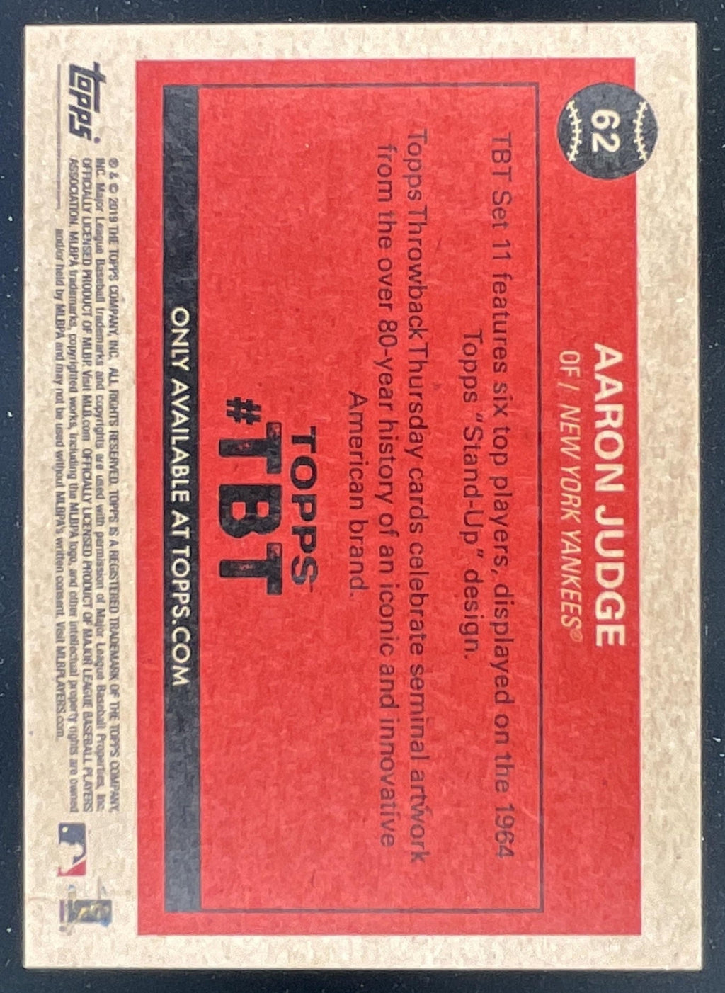 2019 Topps Throwback Thursday #62 Aaron Judge product image 2, provided for visual reference and product detail review