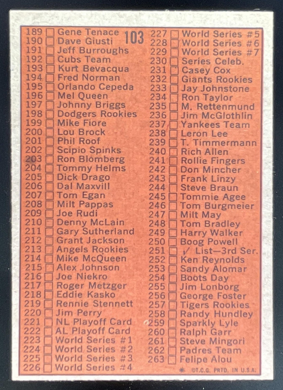 1972 Topps #103 2nd Series Checklist: 133-263 product image 2, provided for visual reference and product detail review