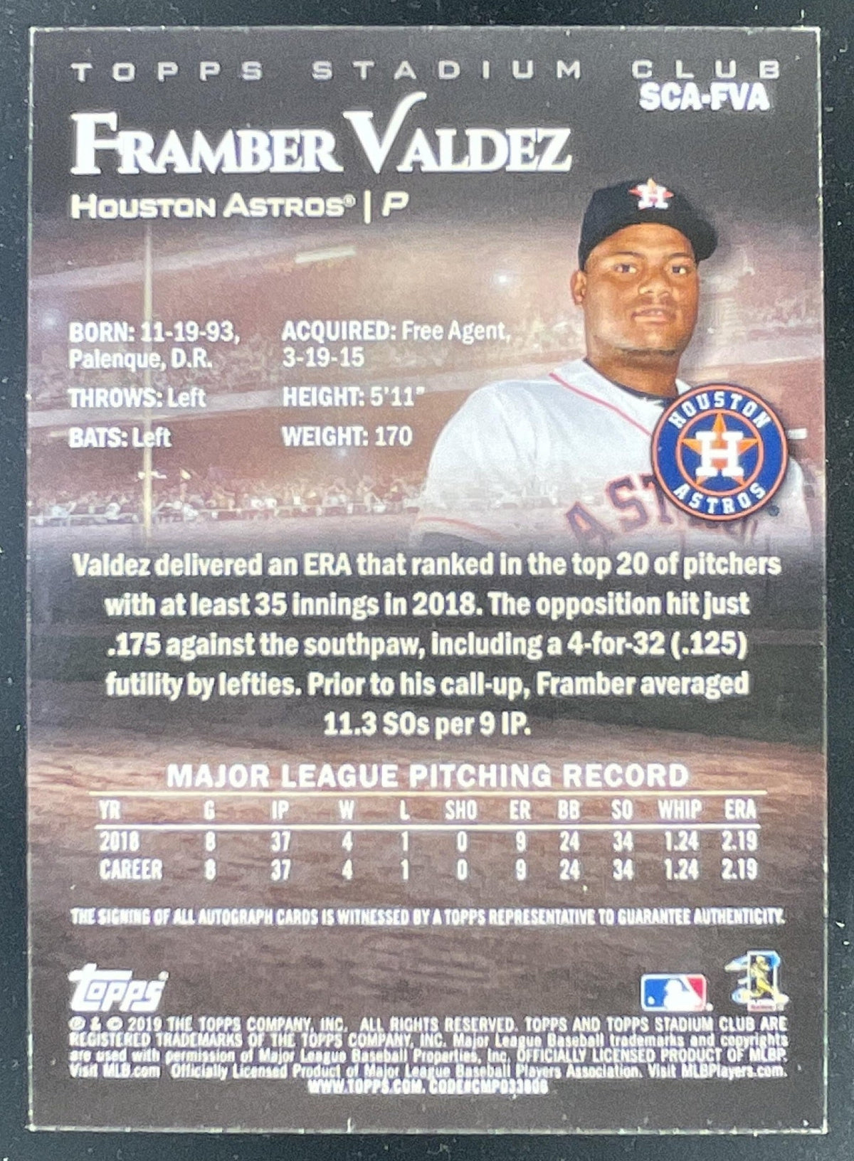 2019 Topps Stadium Club Autographs #SCA-FVA Framber Valdez RC Auto product image 2, provided for visual reference and