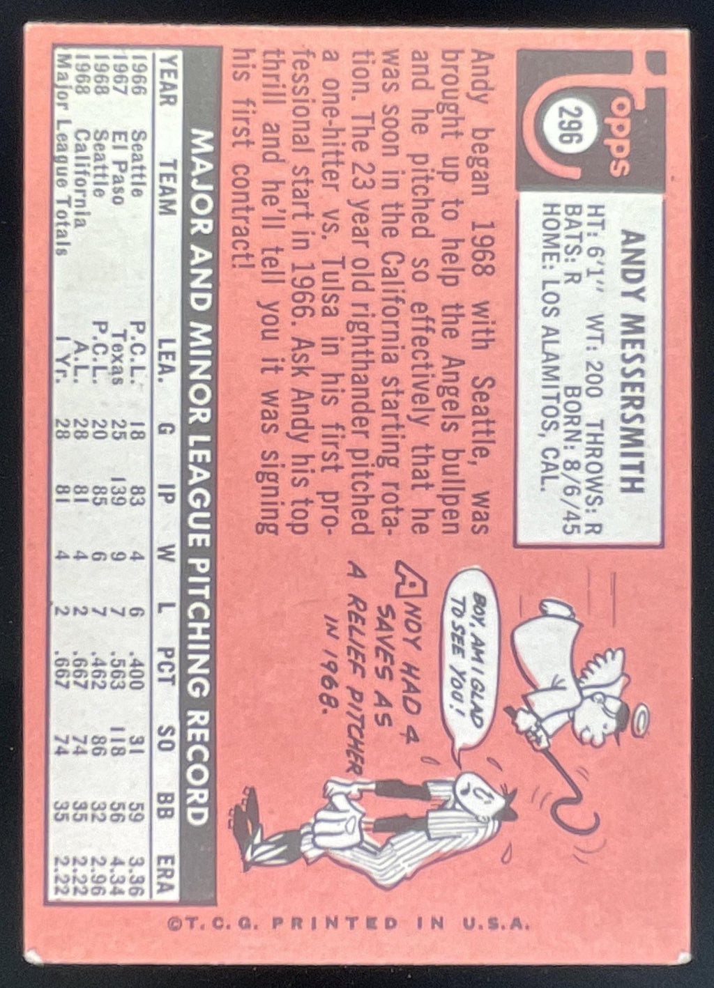 1969 Topps #296 Andy Messersmith RC product image 2, provided for visual reference and product detail review