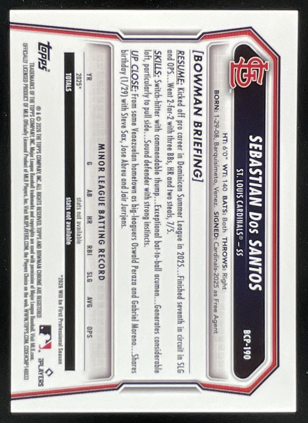 2026 Bowman Chrome Prospects #BCP-190 Sebastian Dos Santos RC product image 2, provided for visual reference and product