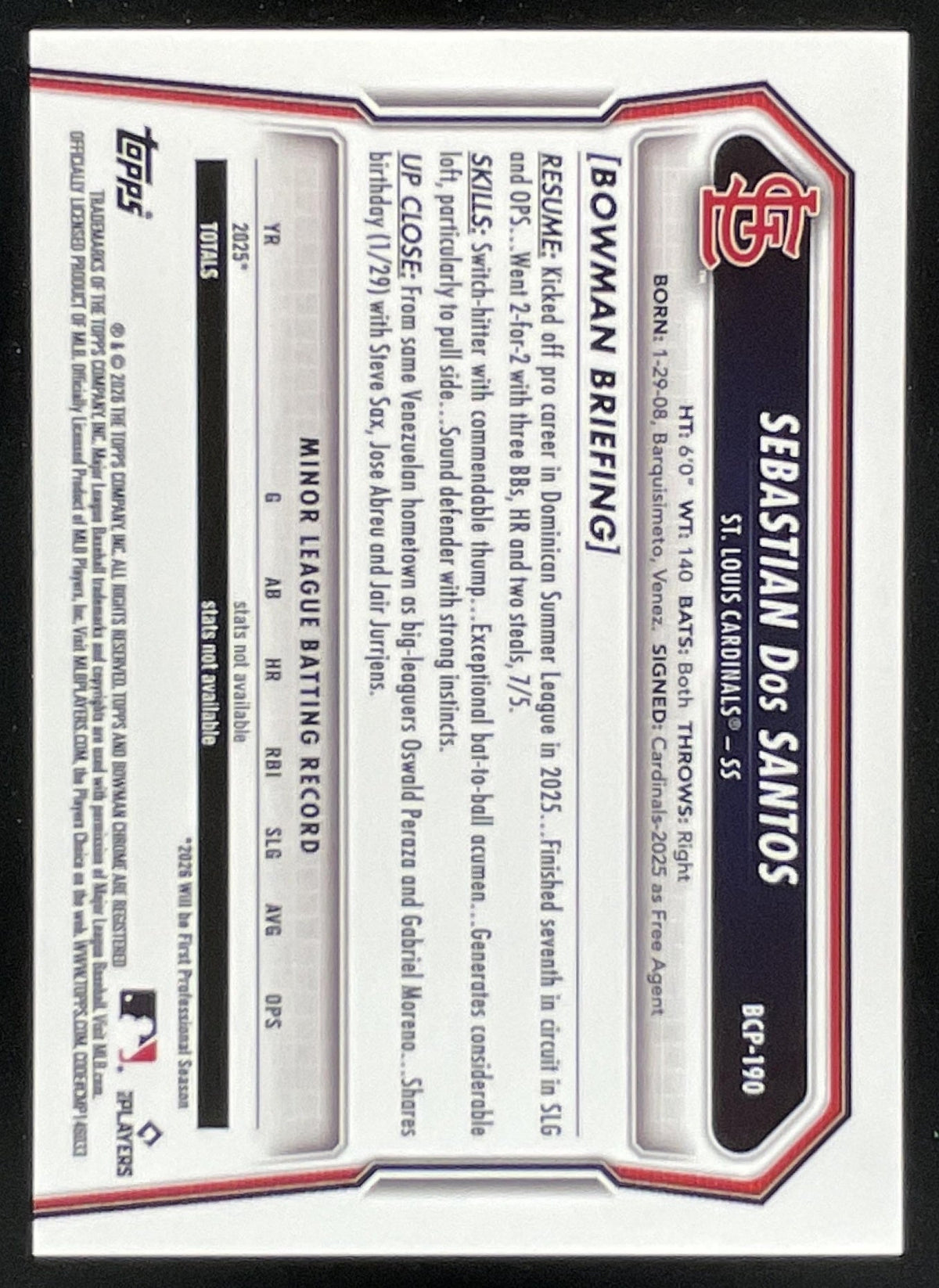 2026 Bowman Chrome Prospects #BCP-190 Sebastian Dos Santos RC product image 2, provided for visual reference and product