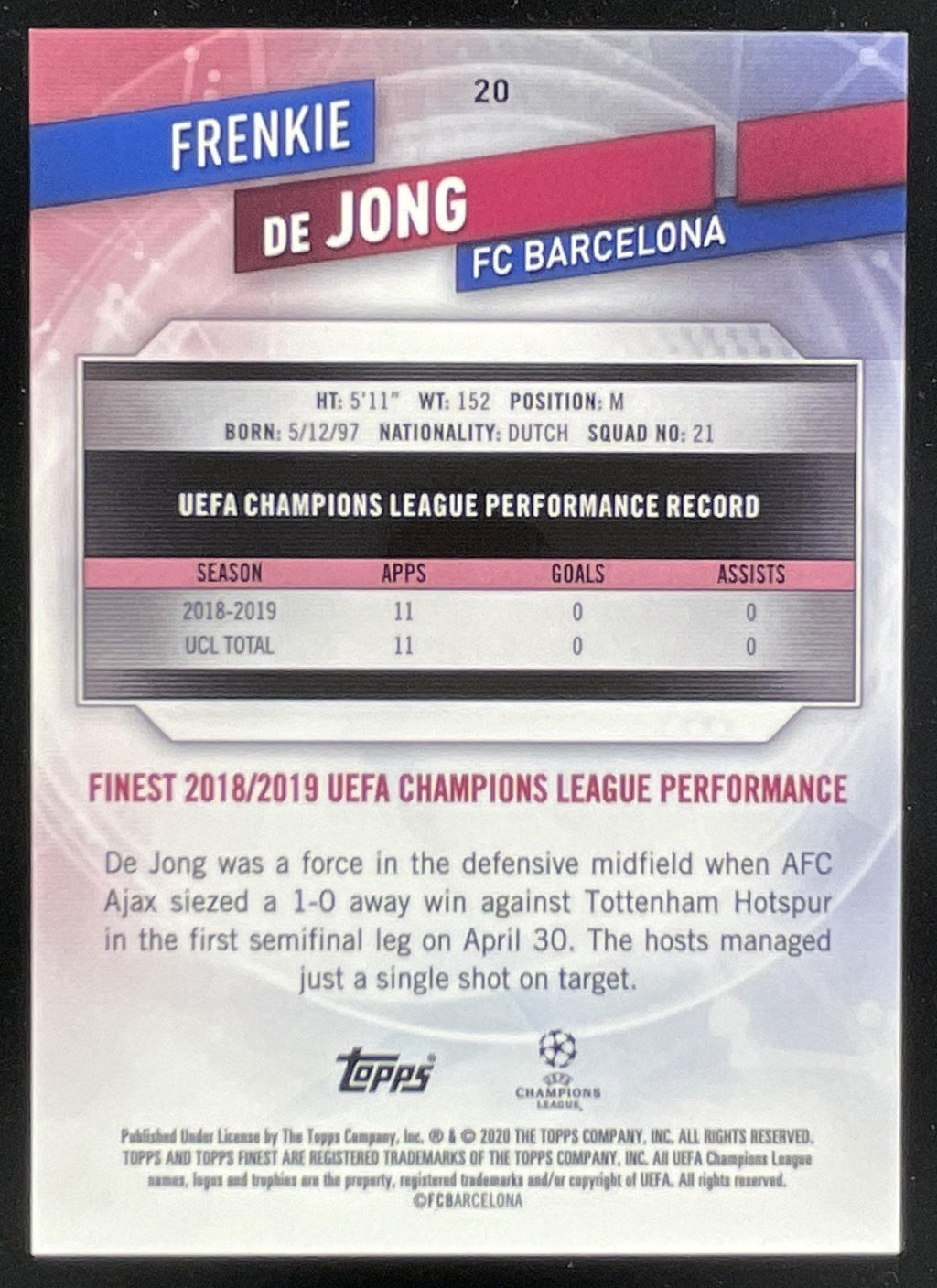 2019 Topps Finest UEFA Champions League Purple #20 Frenkie de Jong /250 product image 2, provided for visual reference and
