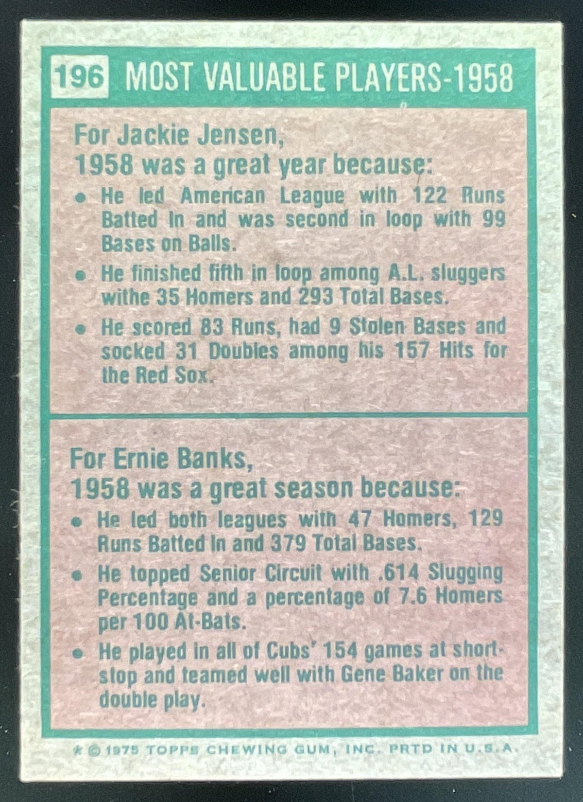 1975 Topps #196 1958s Jackie Jensen Ernie Banks MVP product image 2, provided for visual reference and product detail review