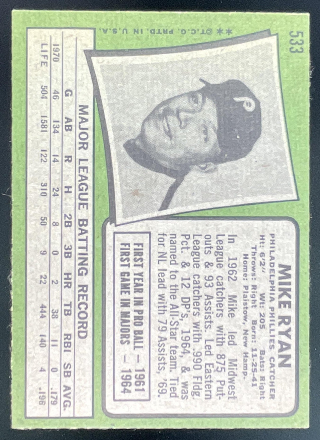 1971 Topps #533 Mike Ryan product image 2, provided for visual reference and product detail review