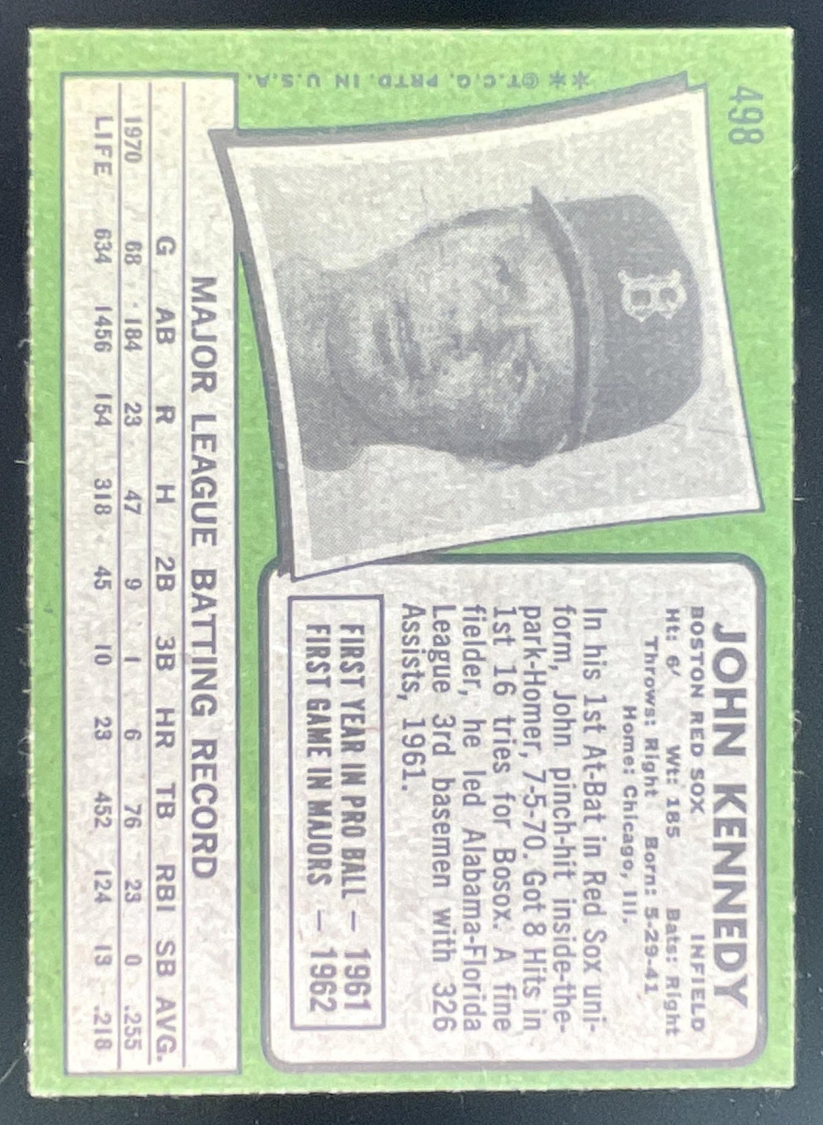 1971 Topps #498 John Kennedy product image 2, provided for visual reference and product detail review