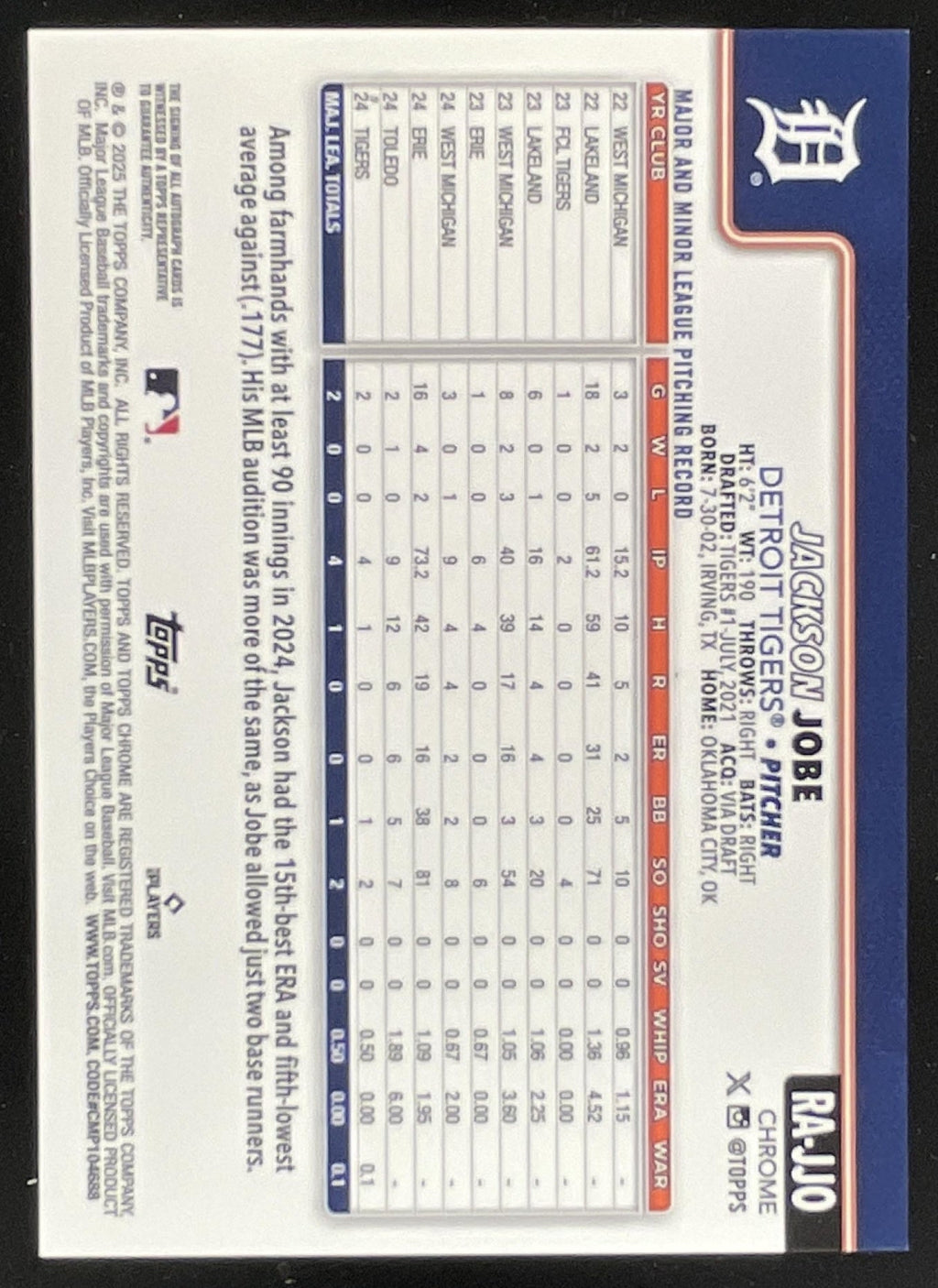 2025 Topps Chrome Rookie Purple #RA-JJO Jackson Jobe RC Auto /250 product image 2, provided for visual reference and product