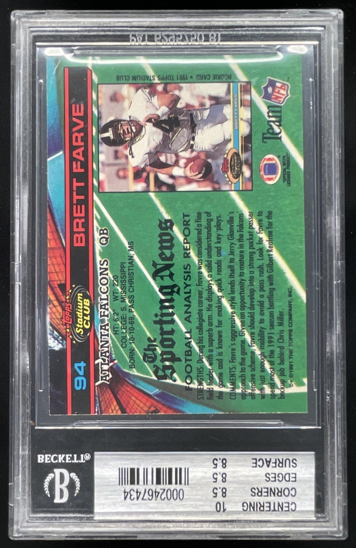 1991 Topps Stadium Club #94 Brett Favre RC BGS 8.5 product image 2, provided for visual reference and product detail review